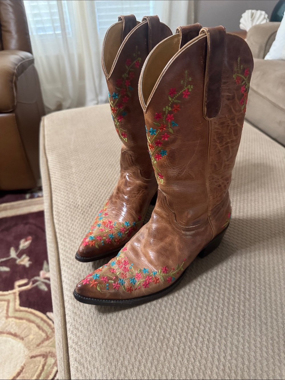 Old Gringo Brown Leather Western Boots with Pink & Blue Floral Embroidery